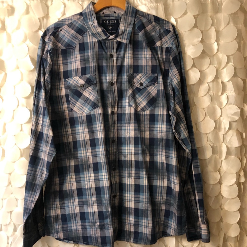 Blue and gray long sleeve plaid shirt